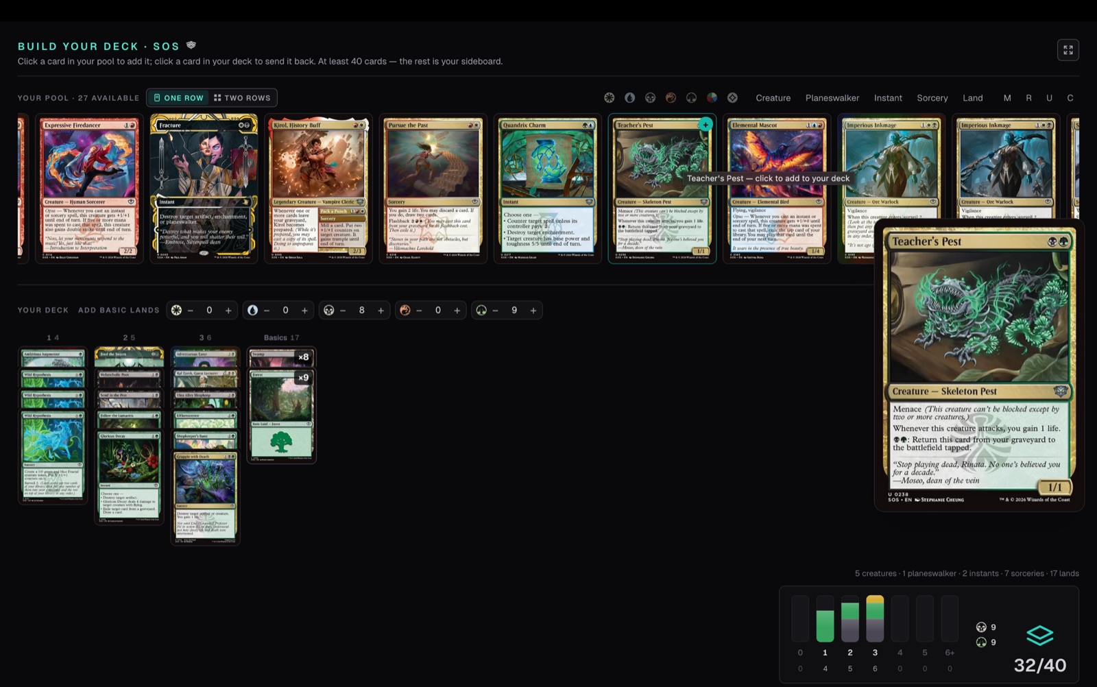 The deck builder with the card pool, the assembled deck and the mana curve.