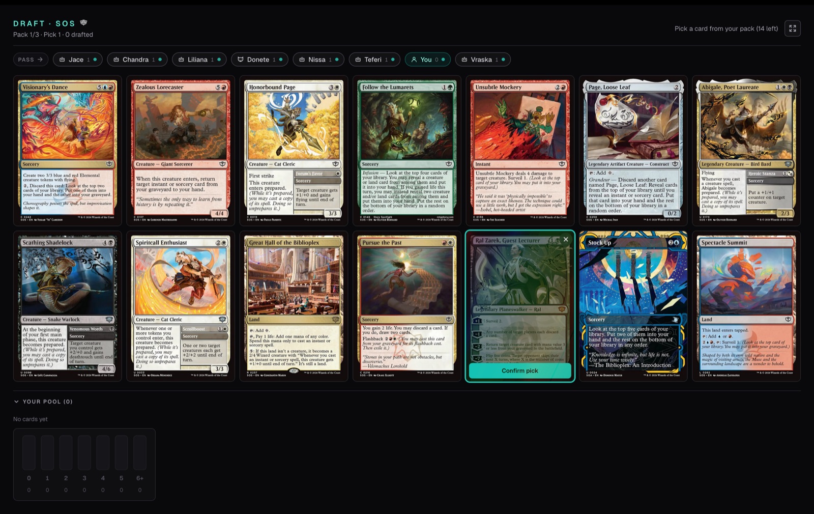 The booster-draft pack-pick screen with a row of cards to choose from.