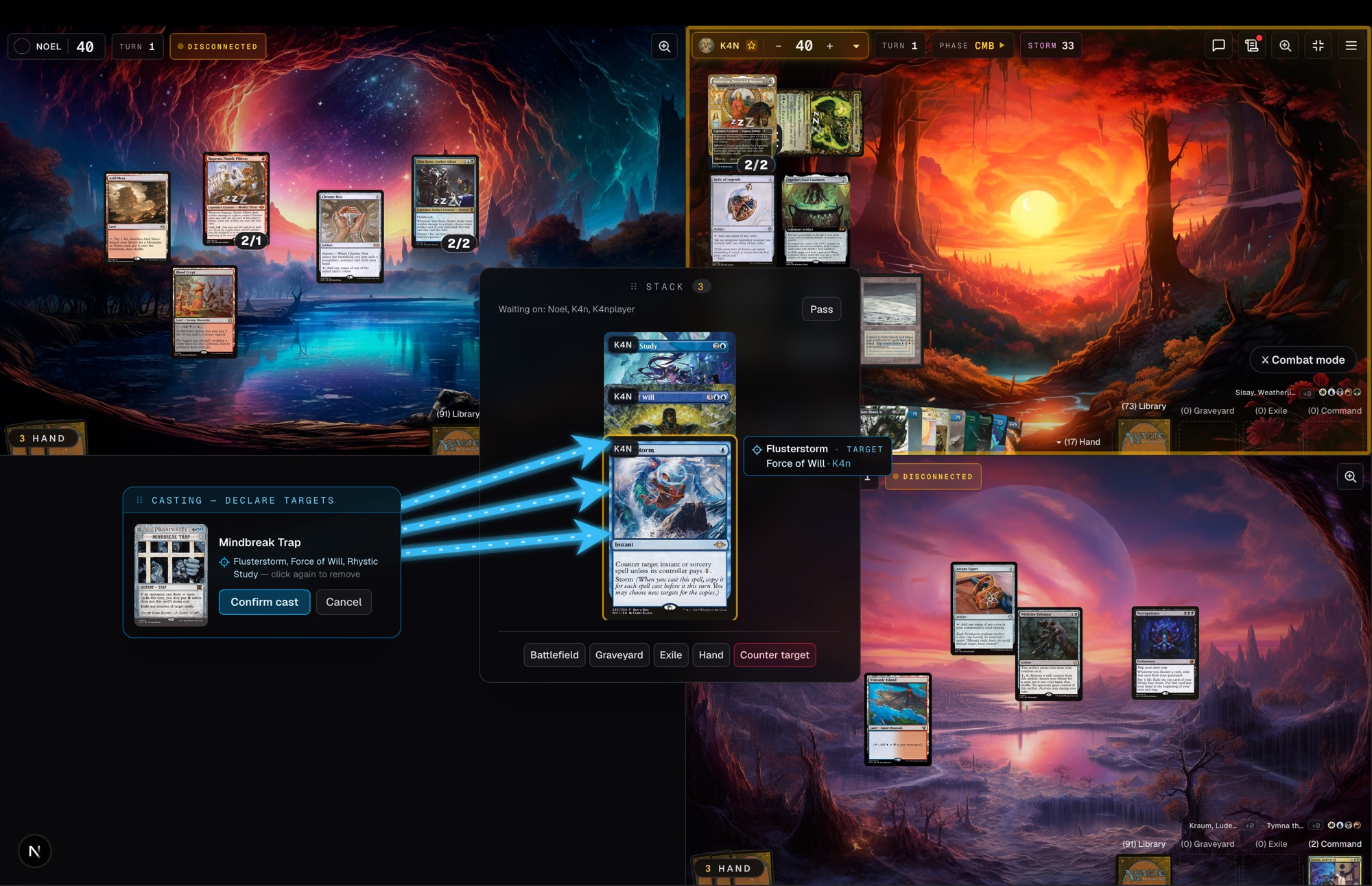 A four-player BoardGG multiplayer pod declaring spell targets — glowing arrows from Mindbreak Trap to three spells on the stack.
